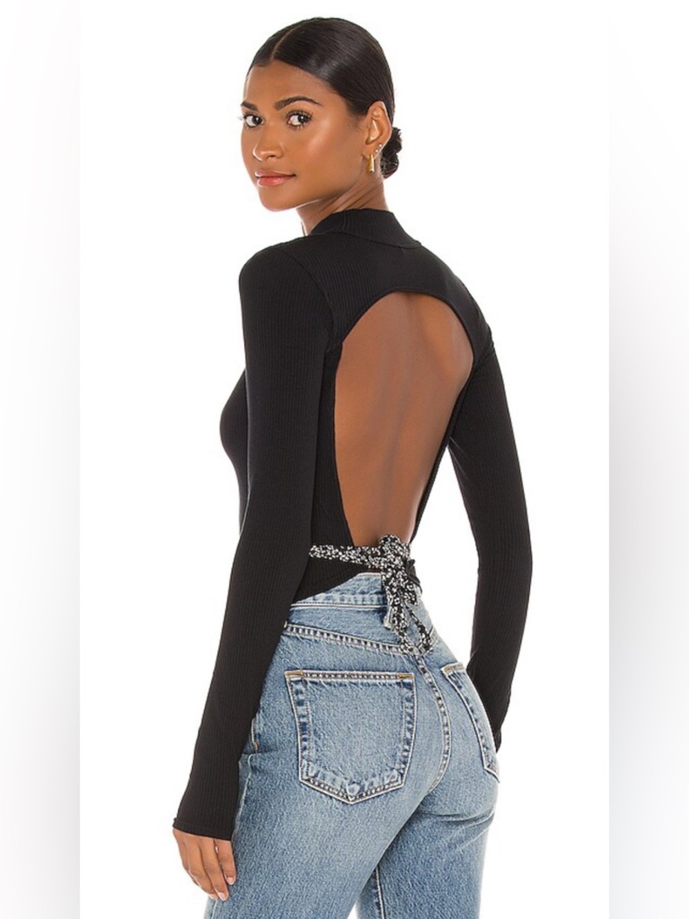 Free People Edge of Town Open Back Tie Top XS Black Ribbed Long Sleeve Crop Top